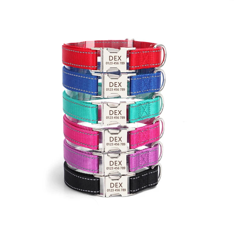 Custom Designer Reflective Nylon Dog Collar Quick Release Luxury Metal Buckle Large Illuminated Lights-Personalized Engraving