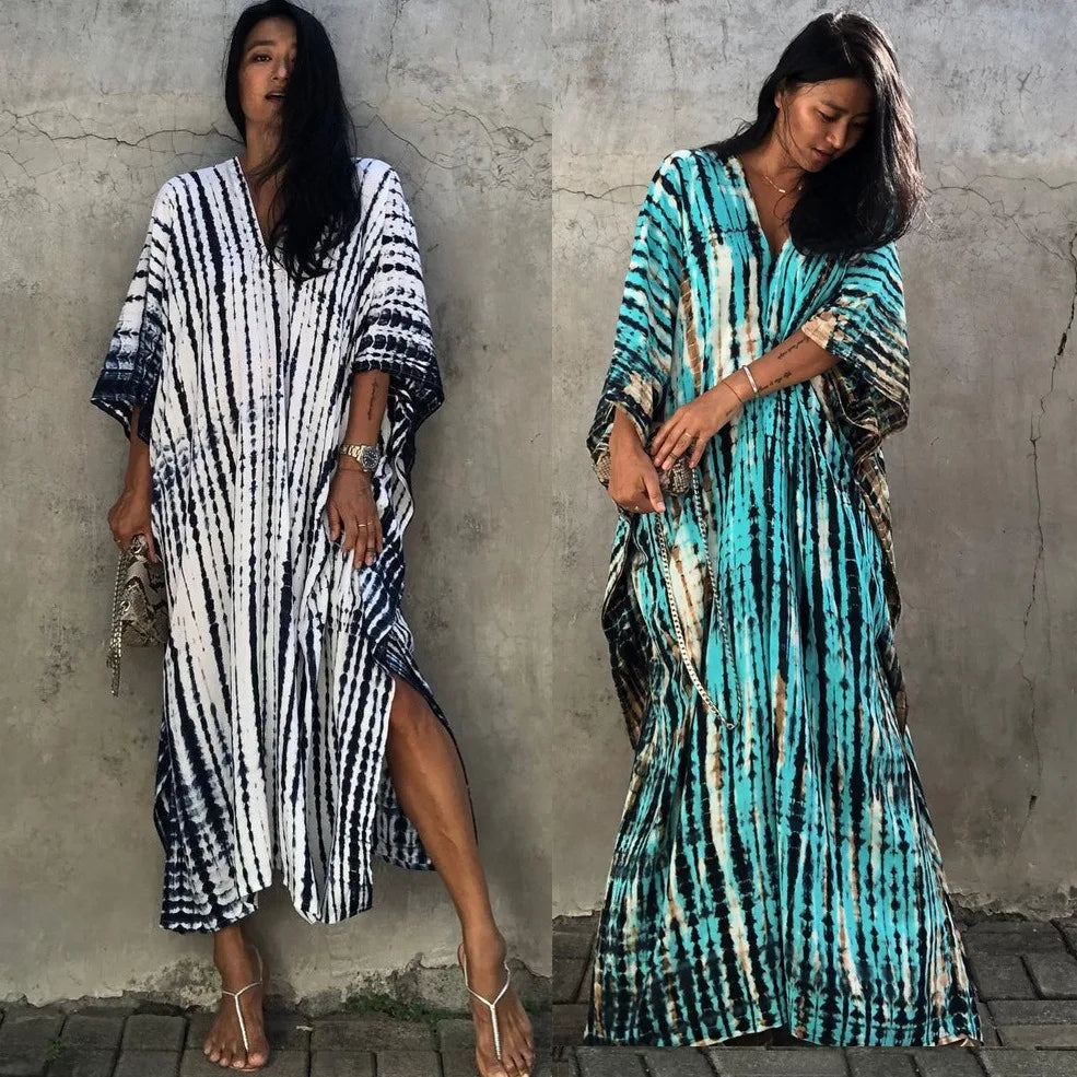 2024 Hot Summer Rayon Cotton Casual Dress Bohemia Swimsuit Women's Beach Wear Sun Protection Beach Kaftan Maxi Dress MegaBDM