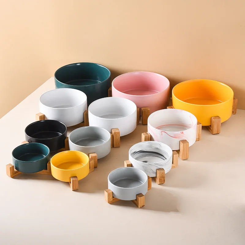 Dog Cats Bowls Ceramic Pet Dish for Food and Water Bowls Set Indoors With Wood Stand Pet Ceramic Bowls