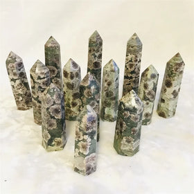 Wholesale Natural Healing Stone Crystal Wand Flower Agate Tower Green Cherry Blossom Agate Points for Meditation