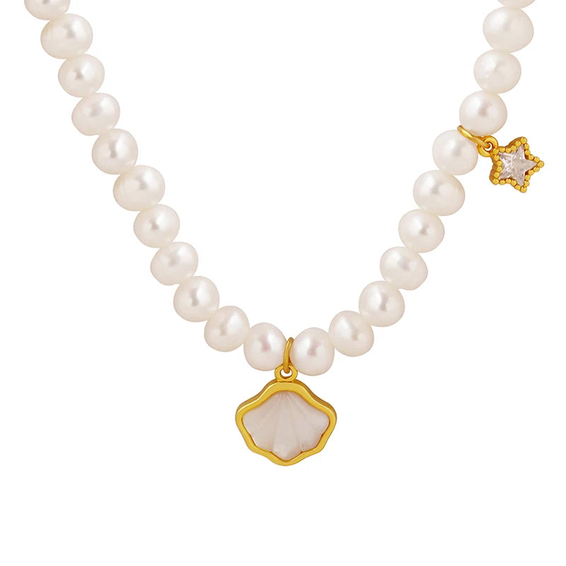 Hot Selling Freshwater Shell Necklace with Freshwater Pearl Zircon Pendant Necklace