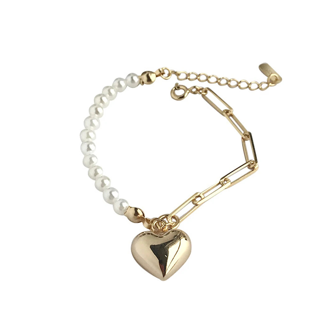 Pearl and Heart 925 Sterling Silver Asymmetry Bracelet