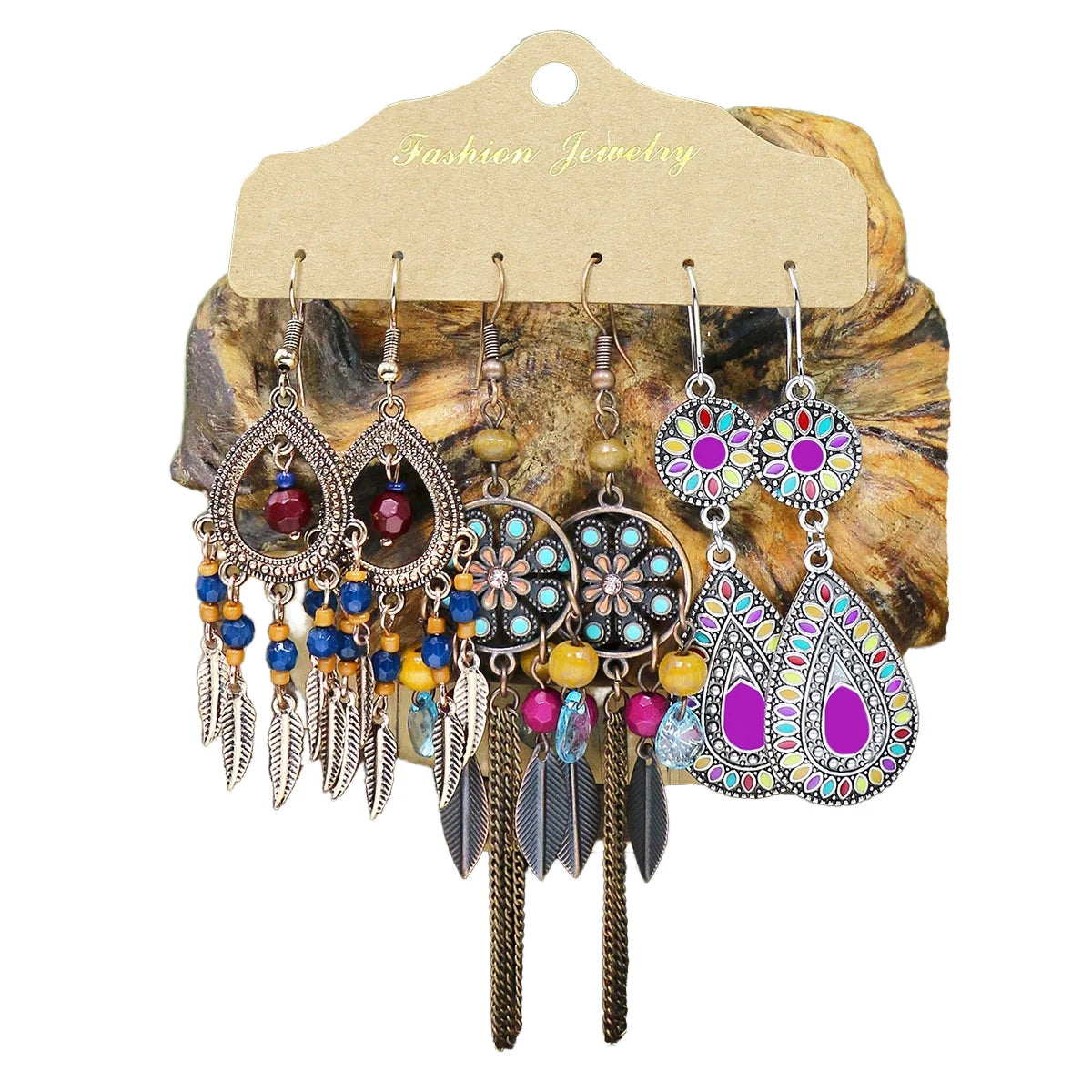 Wholesale 3Pcs/Set Vintage Bohemian Blue Enamel Drop Earrings for Women's Tassel Ethnic Geometry Chain and Earrings
