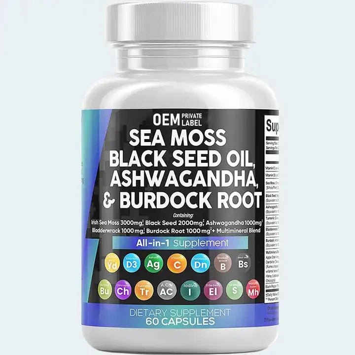 OEM Sea Moss Pills 16-in-1 Irish Sea Moss Raw Sea Moss Black Seed Oil Ashwagandha Capsules Supplements
