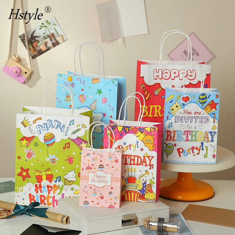 Happy Birthday Kraft Paper Gift Bags with Handles Different Patterns Assorted Colors Party Favor Bags Goodie Bag HS228