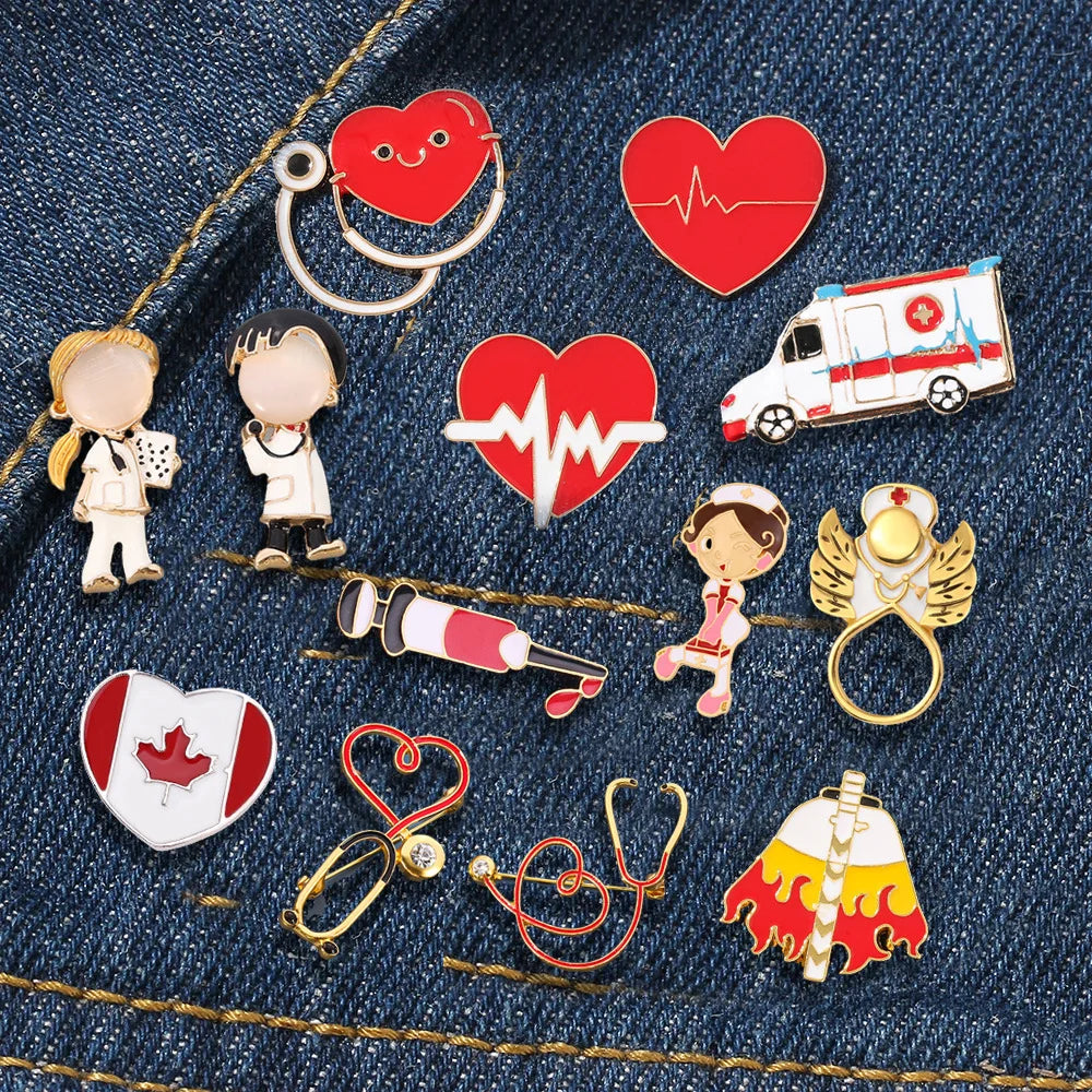 AA00227 Pins Stethoscopes Alloy Electrocardiograms Red Heart Amblance Doctor and Nurse Badges Brooch for Male and Female