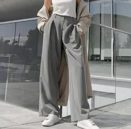 Enyami New Fall Autumn Arrivals Business Casual Grey Pants High Waist Woven Wide Leg Women Trousers