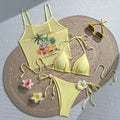 3 Piece Tropical Fruit Print Mesh Cover up Bikini Set Women Halter Triangle Tie Side Bikini California Vacation Beach Swimwear
