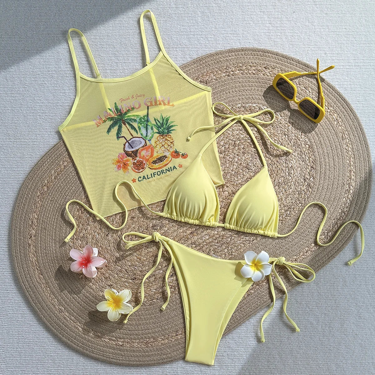 3 Piece Tropical Fruit Print Mesh Cover up Bikini Set Women Halter Triangle Tie Side Bikini California Vacation Beach Swimwear