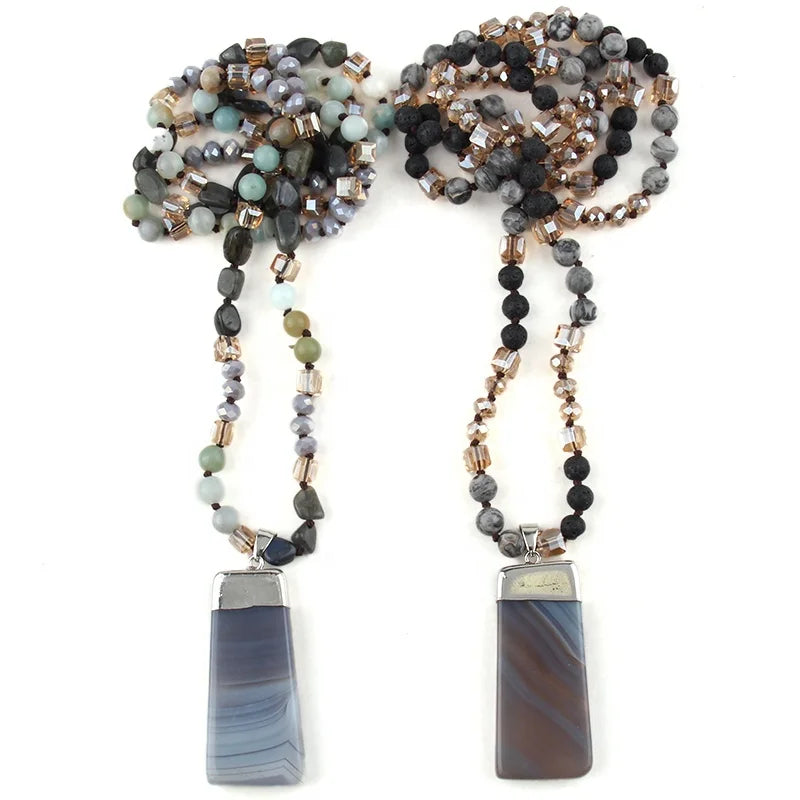 Fashion Boho Jewelry 6mm Amazonite Lava Natural Stone Crystal Glass Knotted Gray Rectangle Pendant Necklace for Women