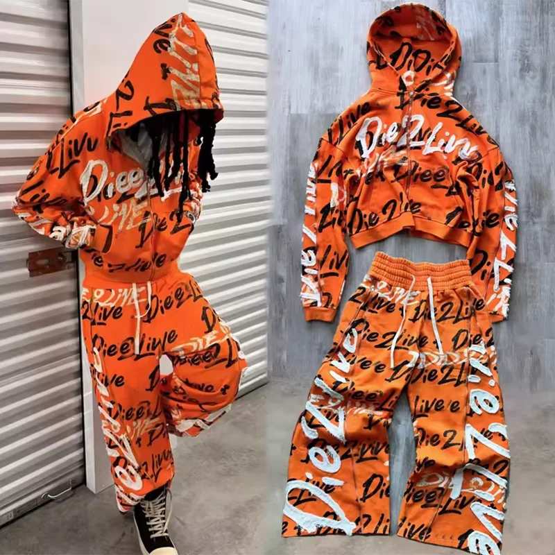 OEM Streetwear Custom French Terry Embroidery Man Sweatsuit Zip up Hoodie and Jogger Flared Sweatpants Set Tracksuit Men
