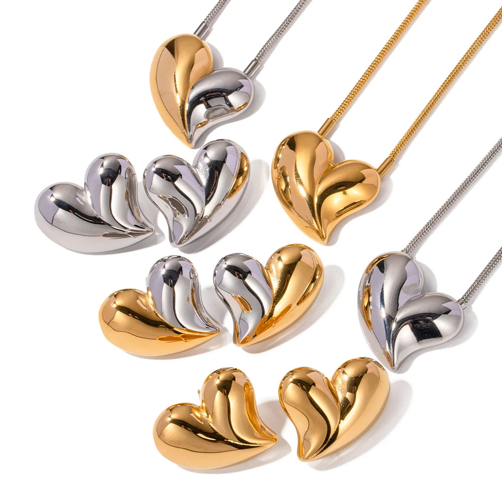 J&D Design Clean Fit Gold Silver Heart Pendant Necklace 18K PVD Gold Plated Stainless Steel Metal Love Heart Stud Earring