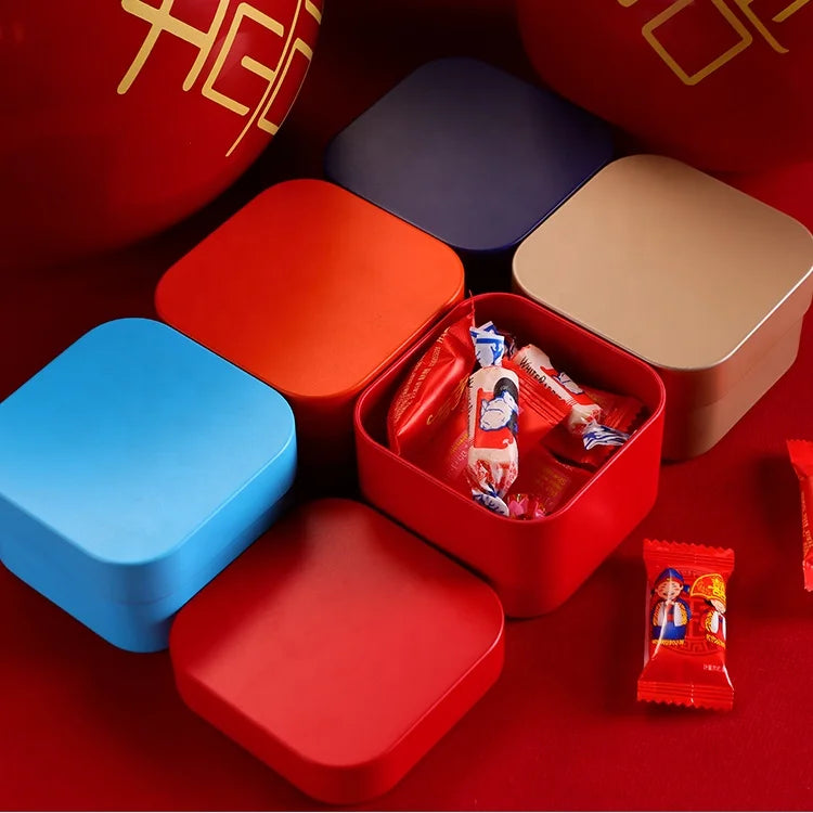 Recyclable Small Square Metal Tin Christmas Candy Canister for Wedding Favors for Packaging Chocolate Sugar Cake Bread Pet Food