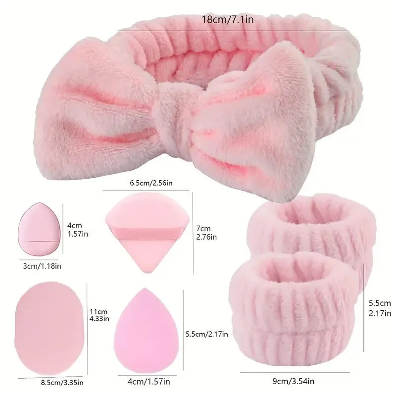 Hot Popular Flannel Facial Makeup High Elastic Washable Headband Wrist Washband Set Reusable Fiber Powder Puff Blender Sponge