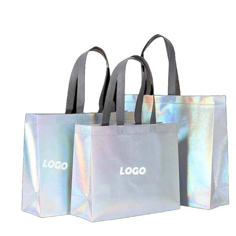 Custom Logo Reusable for Pink Holographic Metallic Shiny Laminated Non Woven Iridescent Gift Tote Bag Long Shopping Bag