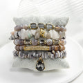 Bohemian Jewelry Grey Stripe Agate 5pc CZ Ball Stack Bracelet Set Natural Chip Stone Crystal Glass Bead Elastic Bracelet Set