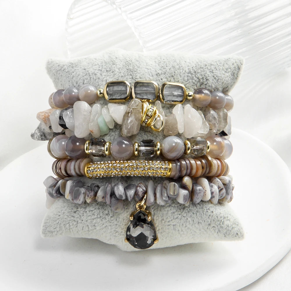 Bohemian Jewelry Grey Stripe Agate 5pc CZ Ball Stack Bracelet Set Natural Chip Stone Crystal Glass Bead Elastic Bracelet Set