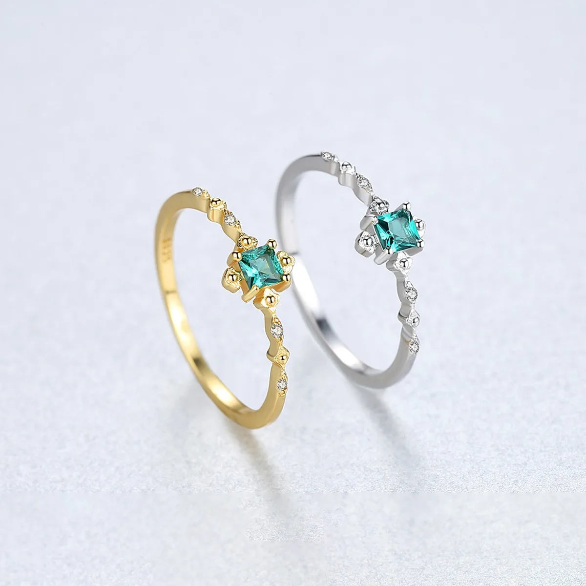 14K Gold 925 Sterling Silver Delicate Green CZ Jewelry Square Emerald Dainty Ring