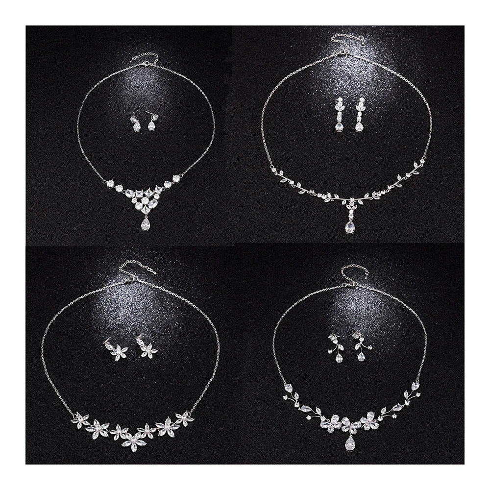 Vintage Style Water Drop Zircon Necklace and Earrings Set New Brass Wedding Jewelry for Bridal Studios or Parties