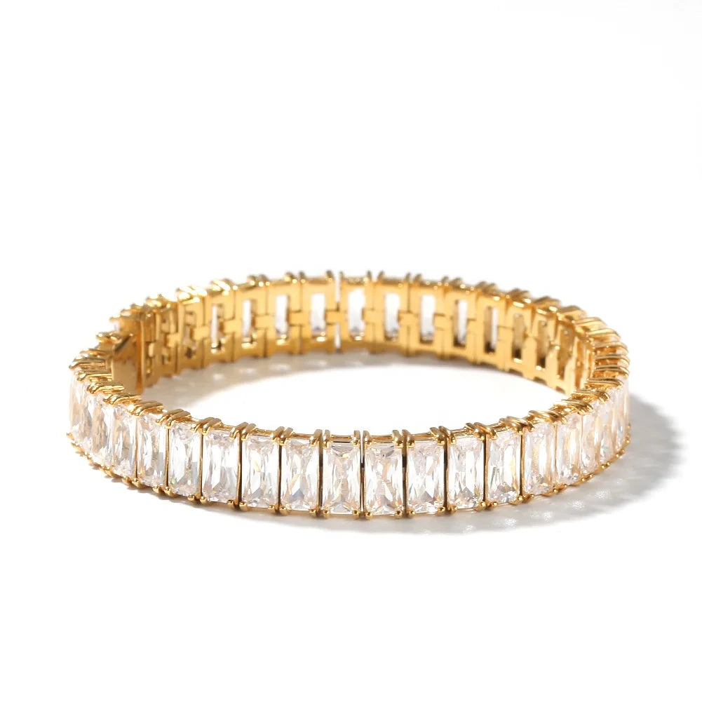 New Fashion 18K Gold Plated Stainless Steel Tennis Chain Bracelet Eternity Bangles Zircon Baguette Wedding Party Christian
