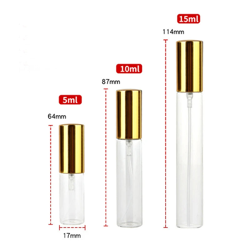 Empty Transparent clear Glass Bottles with Silver Gold Black Lid Mini 5ml 10ml 15ml Pocket Perfume Bottle