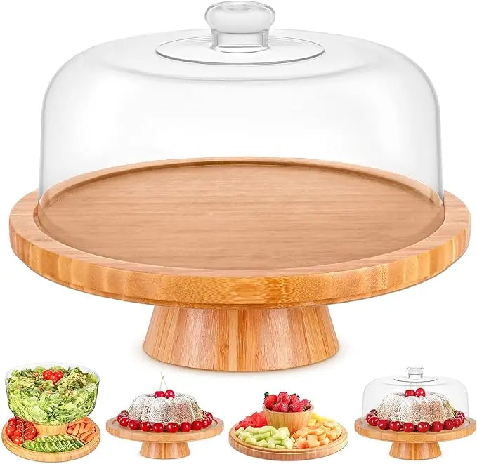 Bamboo Vintage Cake Table Stand Serving Tray Wholesales Rotating Cake Stands Set Cake Display with Clear Acrylic Dome Cover