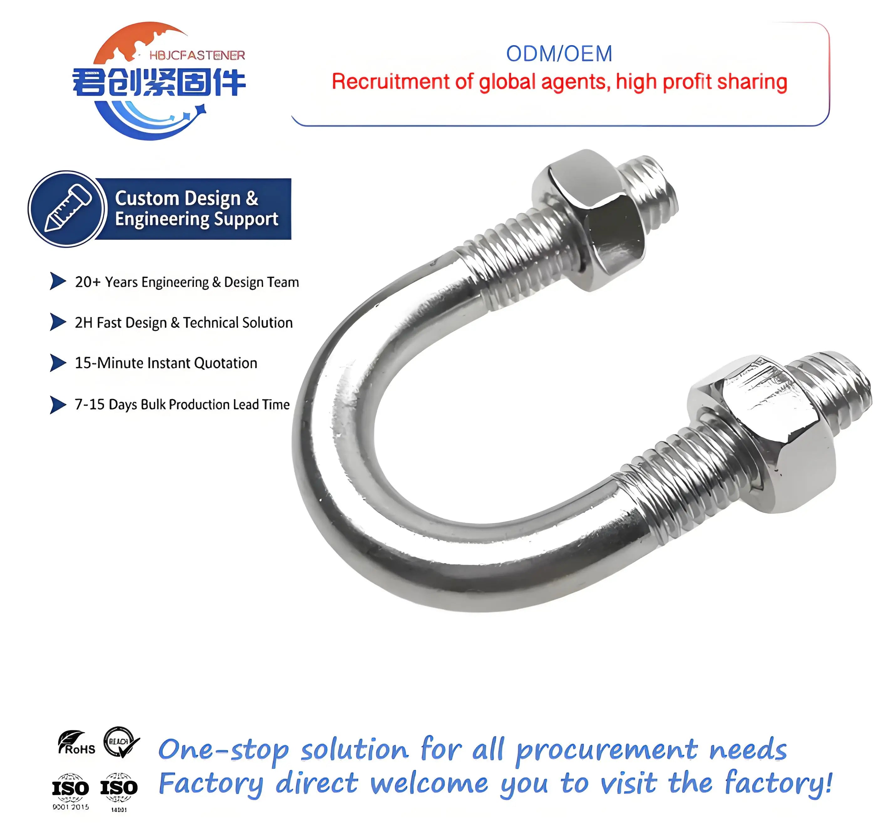 Factory Wholesale M3-M30 Zinc Alloy Stainless Steel U-Bolt Nut Hex Bolt M10 Size DIN Standard M3 Thread Hex Head Anchor Bolt