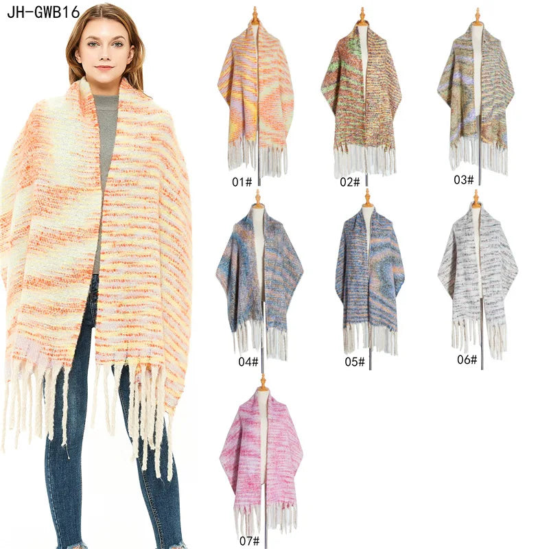 Fashion Custom Autumn Winter Warm Colorful Striped Pattern Chevron Pashmina Shawls Oversized Blanket Scarf Cashmere for Women