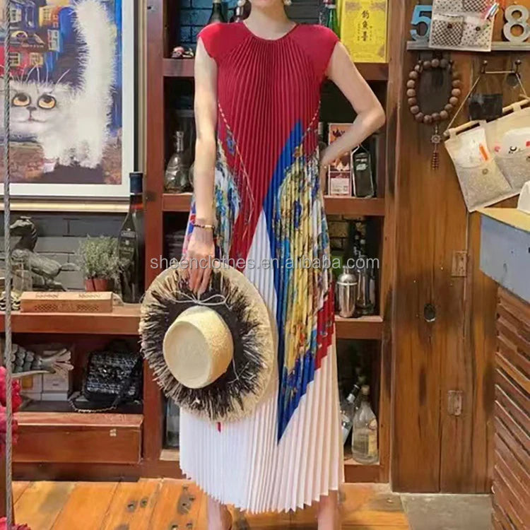 Elegant Summer Ladies Pleated Flower Girls'Dresses Flowry Floral  Maxi Long Zimmer Beach Bohemian Dress