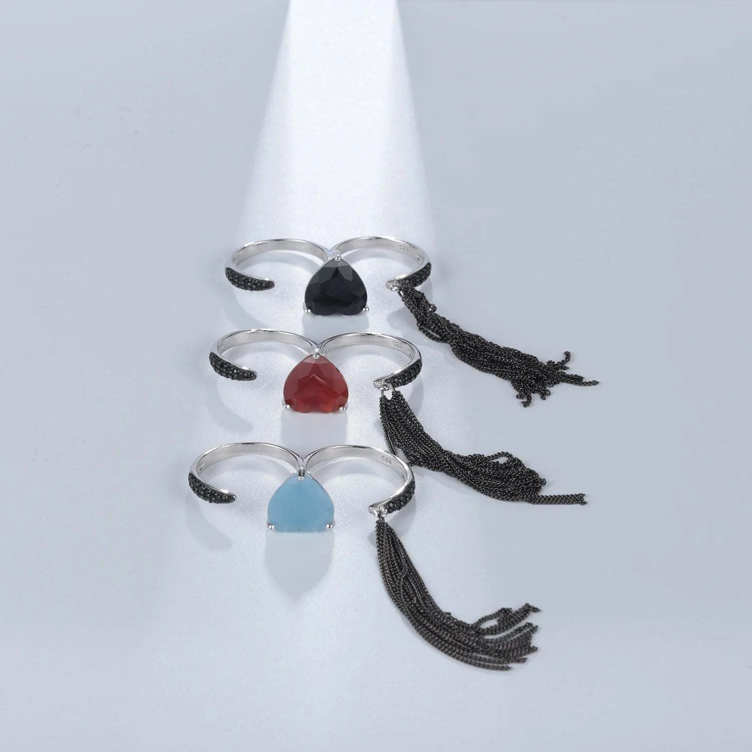 Abiding Luxury New Design Heart Shape Gemstone Double Ring Tassel Silver Two Finger Ring for Women 925