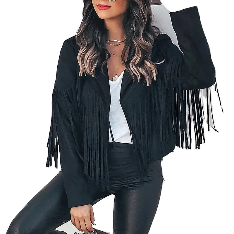 Women Tassel Jackets Winter Cropped Jackets Coats Fashion Suede Leather Shackets Vintage Long Sleeve Outwears