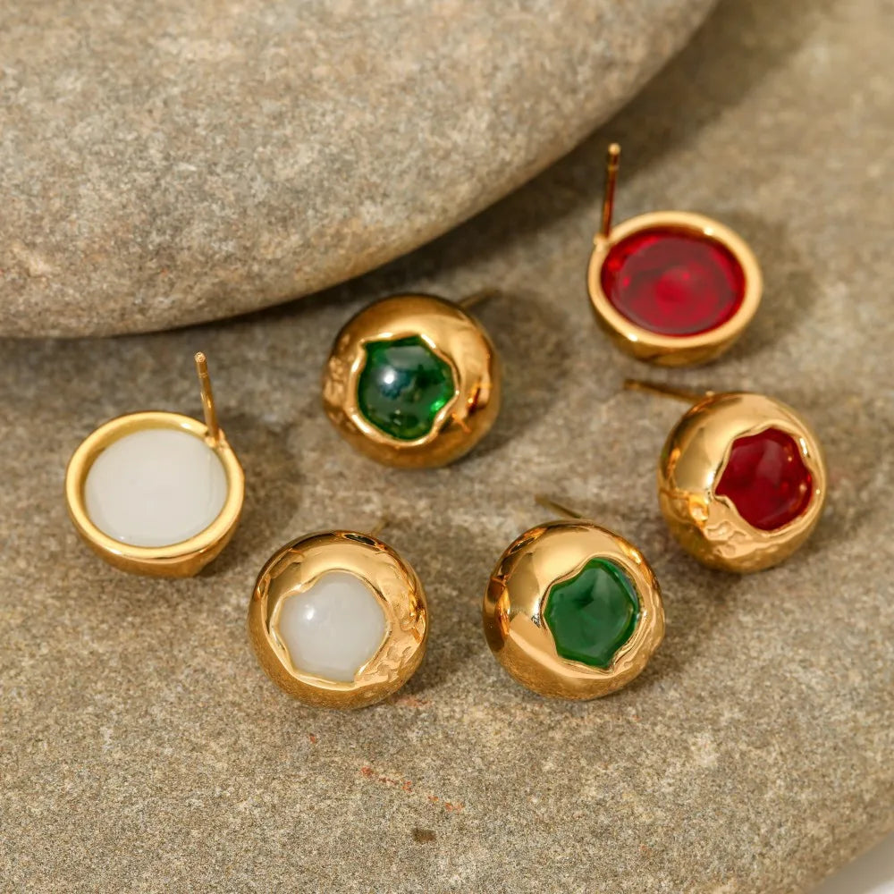 Simple Retro Delicate Round Resin Ear Studs Trendy 18K Gold PVD Plated Stainless Steel Colorful Sweet Earrings