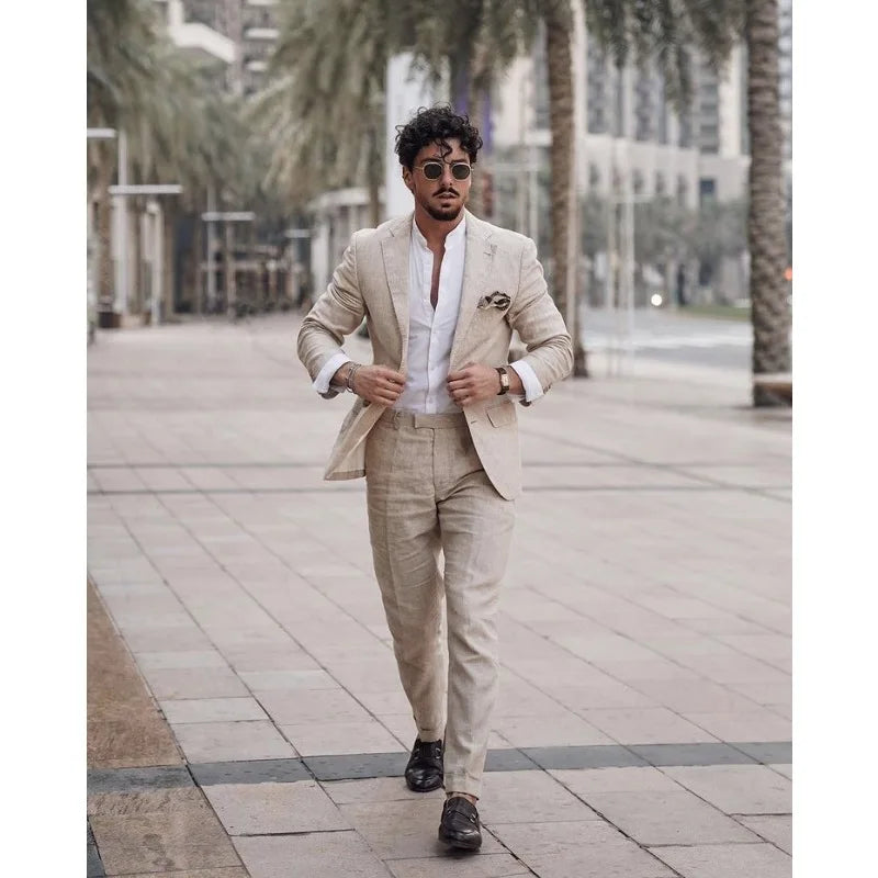 Hot Summer Linen Suits Men Street Style Beach Wedding Suits Formal Bridegroom Tuxedo 2 Piece Casual Blazer Terno