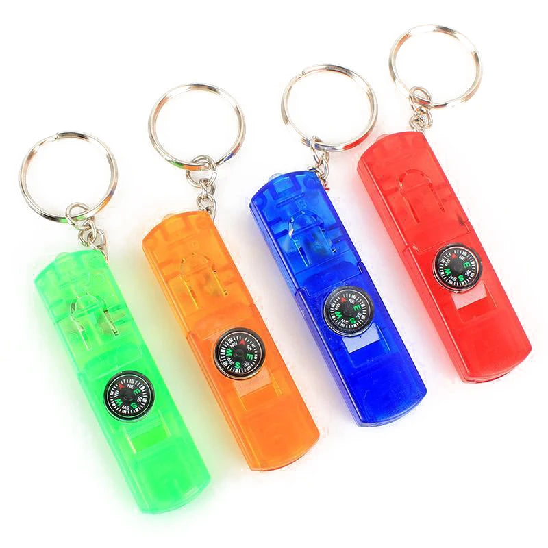 Promotional Mini LED Portable Emergency Multifunction Tools Keychain Whistle for Sports with Flashlight and Compass