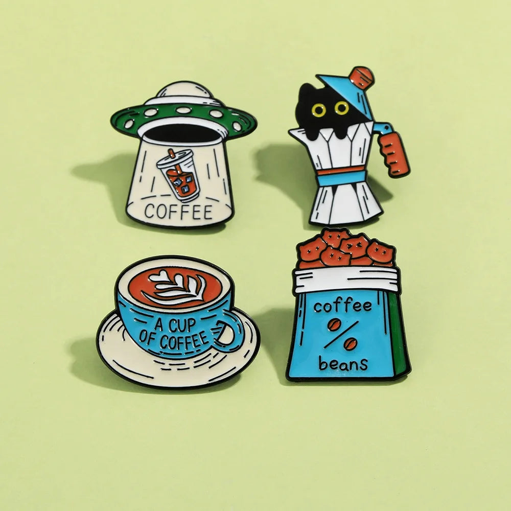 Cartoon Funny Black Cat Coffee Beans Metal Pins Custom Coffee Cup Pot Soft Enamel Lapel Badge Pins Brooches Wholesale
