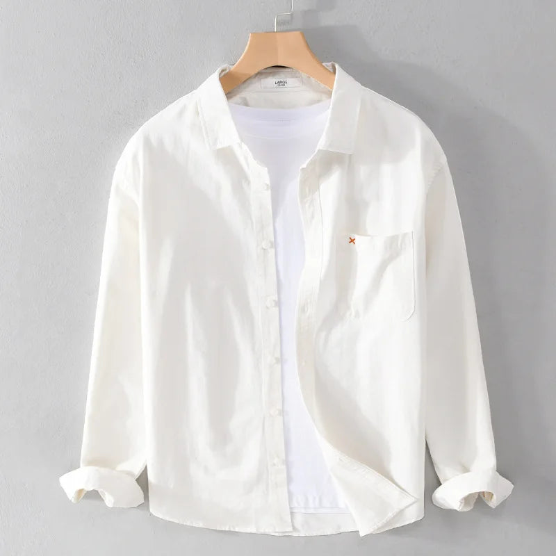 RNSHANGER Trendy Men's Embroidered 100% Cotton Autumn Breathable Casual Long Sleeve Solid Color Shirt Simple Design 5 Colors