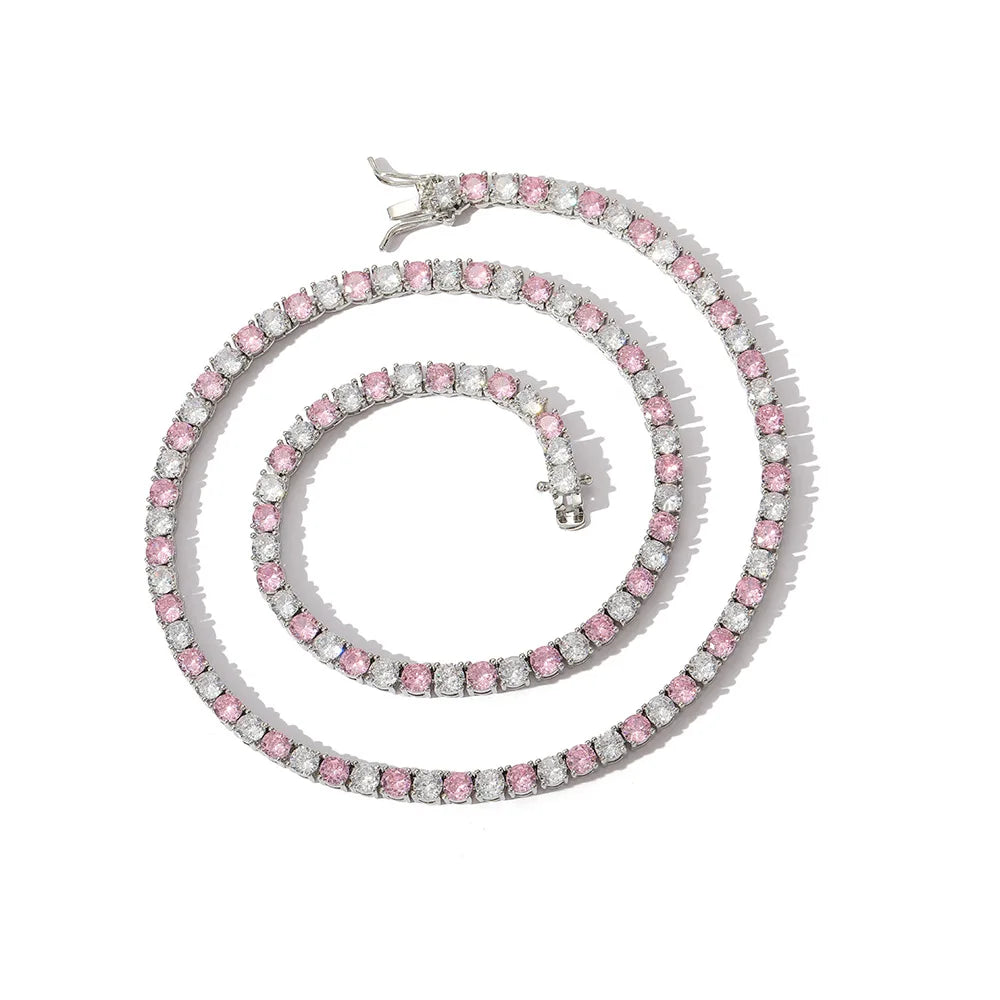 18inch 4mm Colorful Tennis Chain Necklace in Gold Featuring Pink and White CZ with Cross Pattern Zircon for Weddings Parties