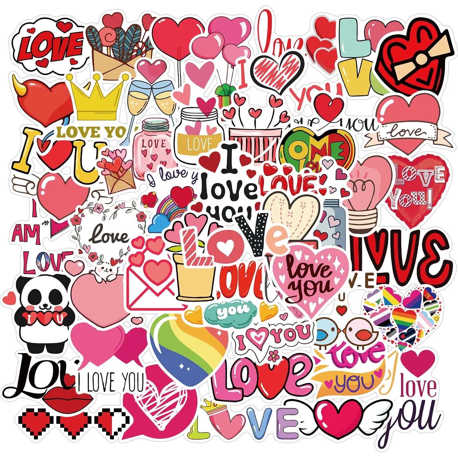 50Pcs Valentines Day Love You Pink Heart Cute Stickers for Girl Diy Notebook Schedule Bottle Laptop Decor Stickers