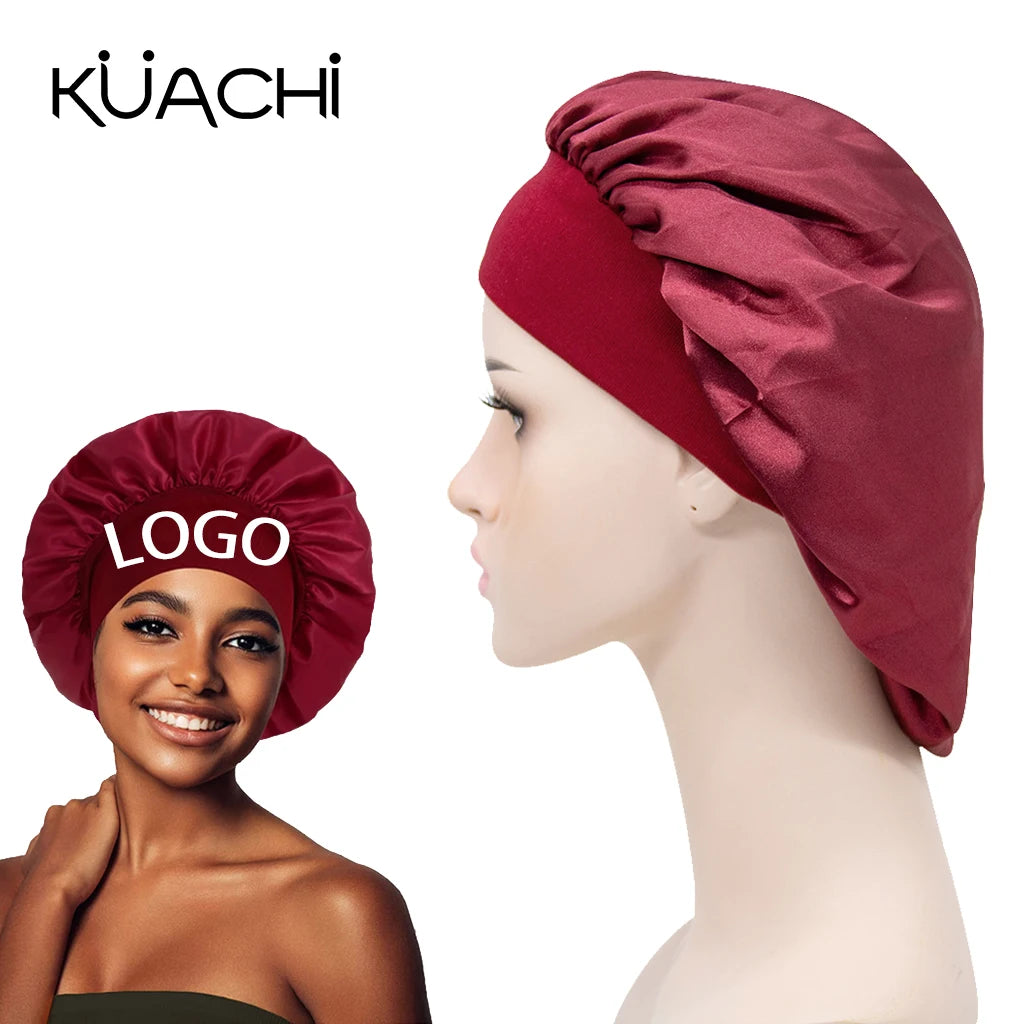 Customized Logo Hair Bonnets Wide Brim Solid Color Elastic Breathable Non-Slip Sleep Cap Wholesale Women Satin Hair Bonnet