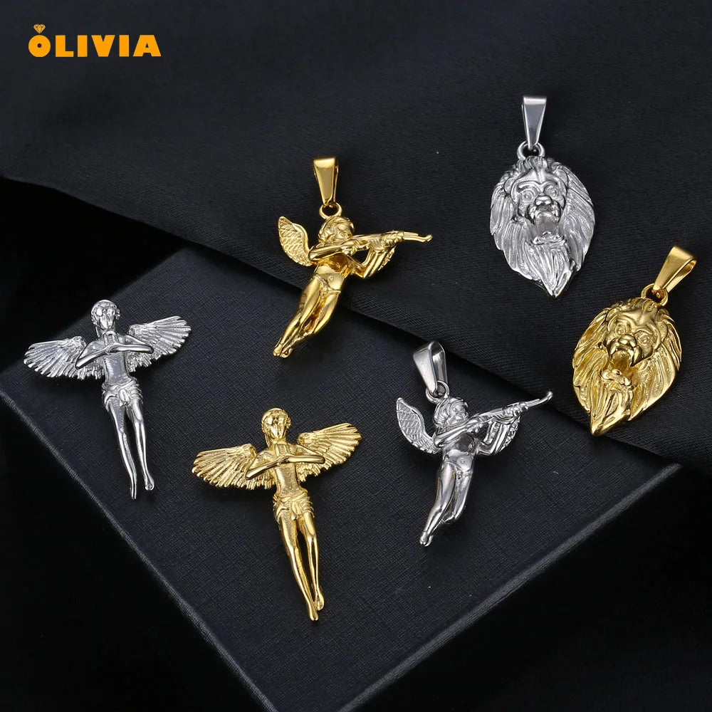 Custom Stainless Steel Gold Medallion Praying Angel St. Christopher Pendant Judah Lion Angel Wing Vintage Necklace for Men