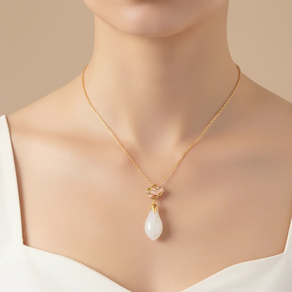 S925 Sterling Silver Necklace Female Lotus and Tian Jade Pendant Palace Style Exquisite Enamel Collarbone Chain