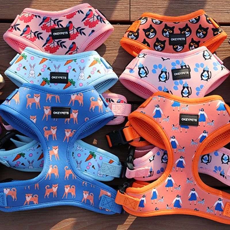 OKEYPETS Wholesale Custom Logo Stylish Neoprene Dog Harness Adjustable Polyester Sublimation Dog Pet Harness