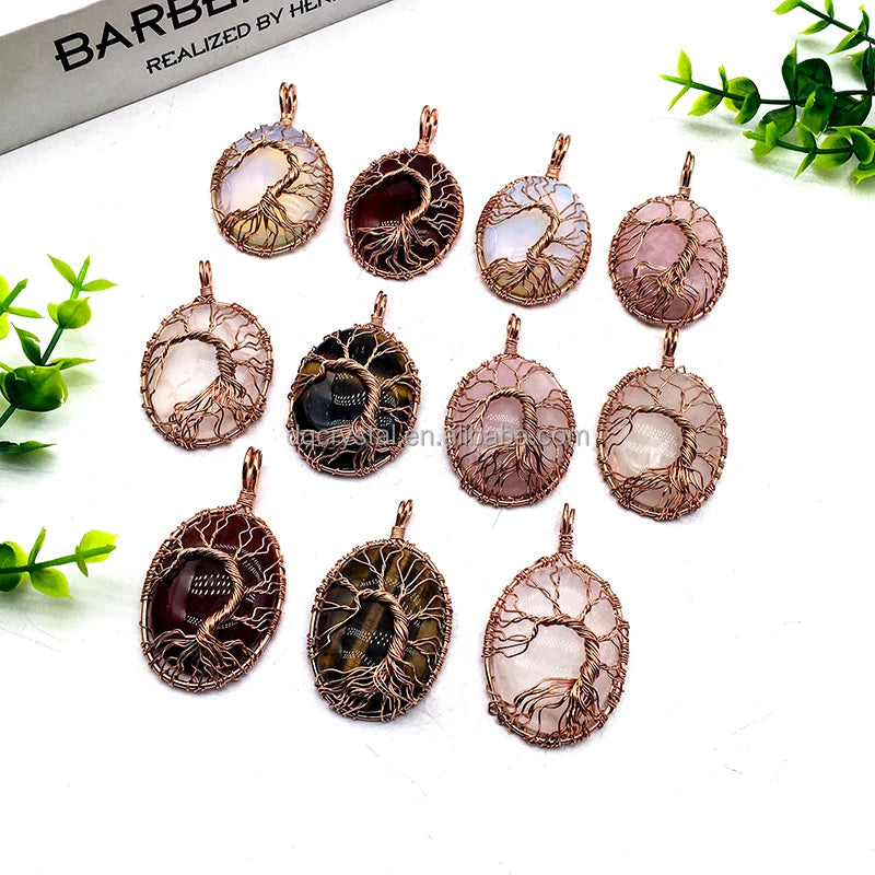 Wholesale Natural Stone Oval Shape Cabochon Rose Quartz Charms Pendant Crystal Tree of Life Wire Wrappe Pendant for Women