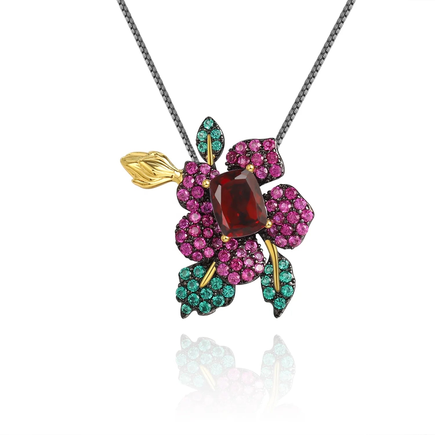 Abiding Natural Garnet Gemstone Gold Plated Brooch 925 Sterling Silver Flower Jewelry Pendant Necklace for Women