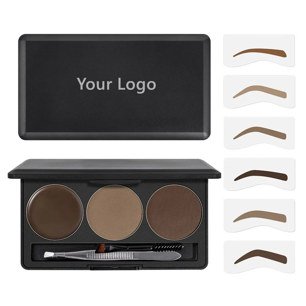 Private Label Eyebrow Pomade Gel Pressed Powder 3-Color Palette with Vegan Ingredients Eyebrow Stamps Brush and Tweezers