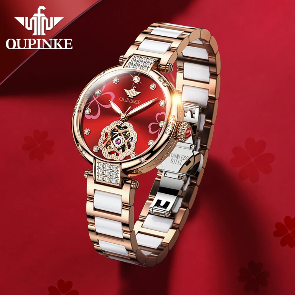 Oupinke 3183  New Stylish Girls Red Sport Watch Fashion Luxury Mechanical Ladies Ceramics Bracelet Classic Women Wrist Watch