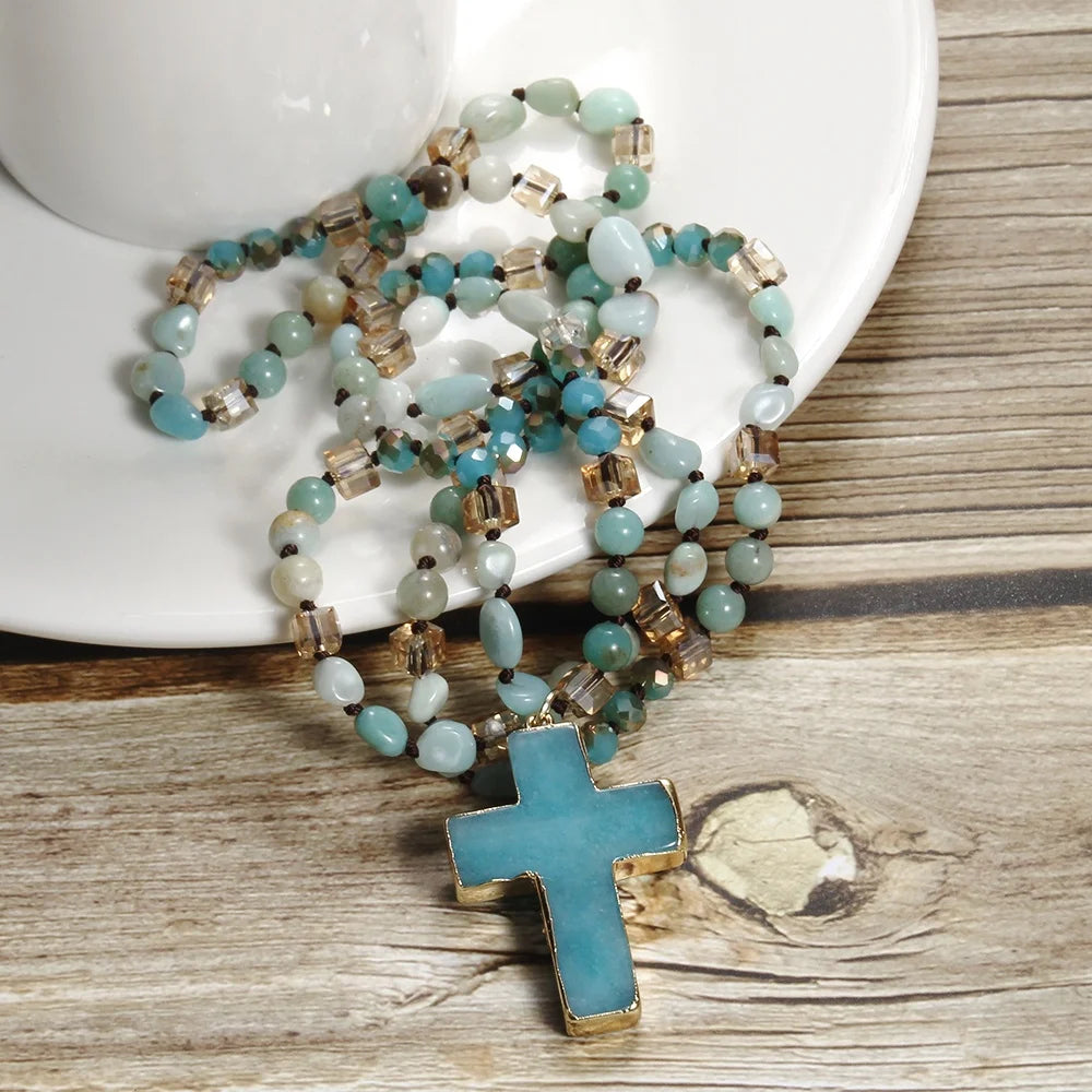 JH Wholesale Boho Women Personalized Custom Jewelry 6mm Natural Stone Crystal Glass Knotted Necklace Cross Pendant Necklace