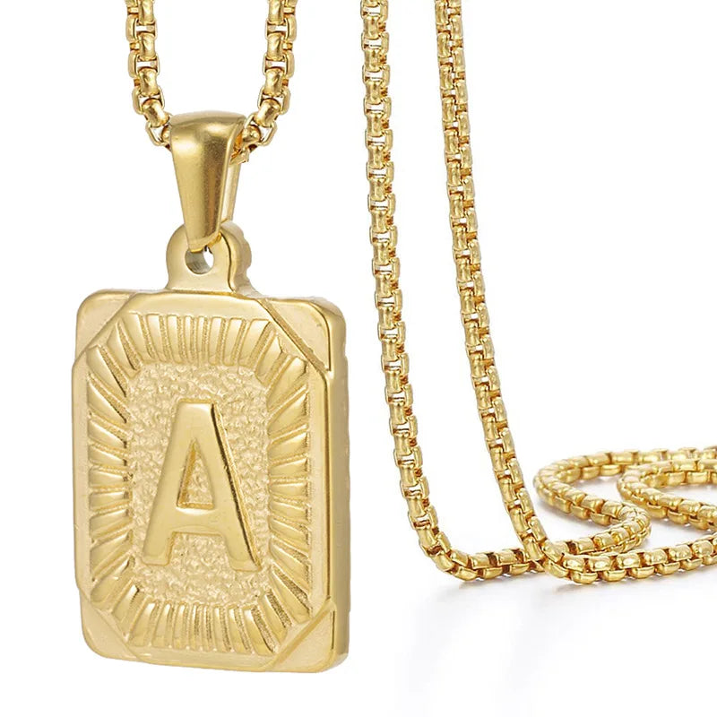 Factory 26 Alphabets A-Z Letter Initial Necklaces R.GEM. Trendy 18K Gold Plating Stainless Steel Link Square Pendant Unisex