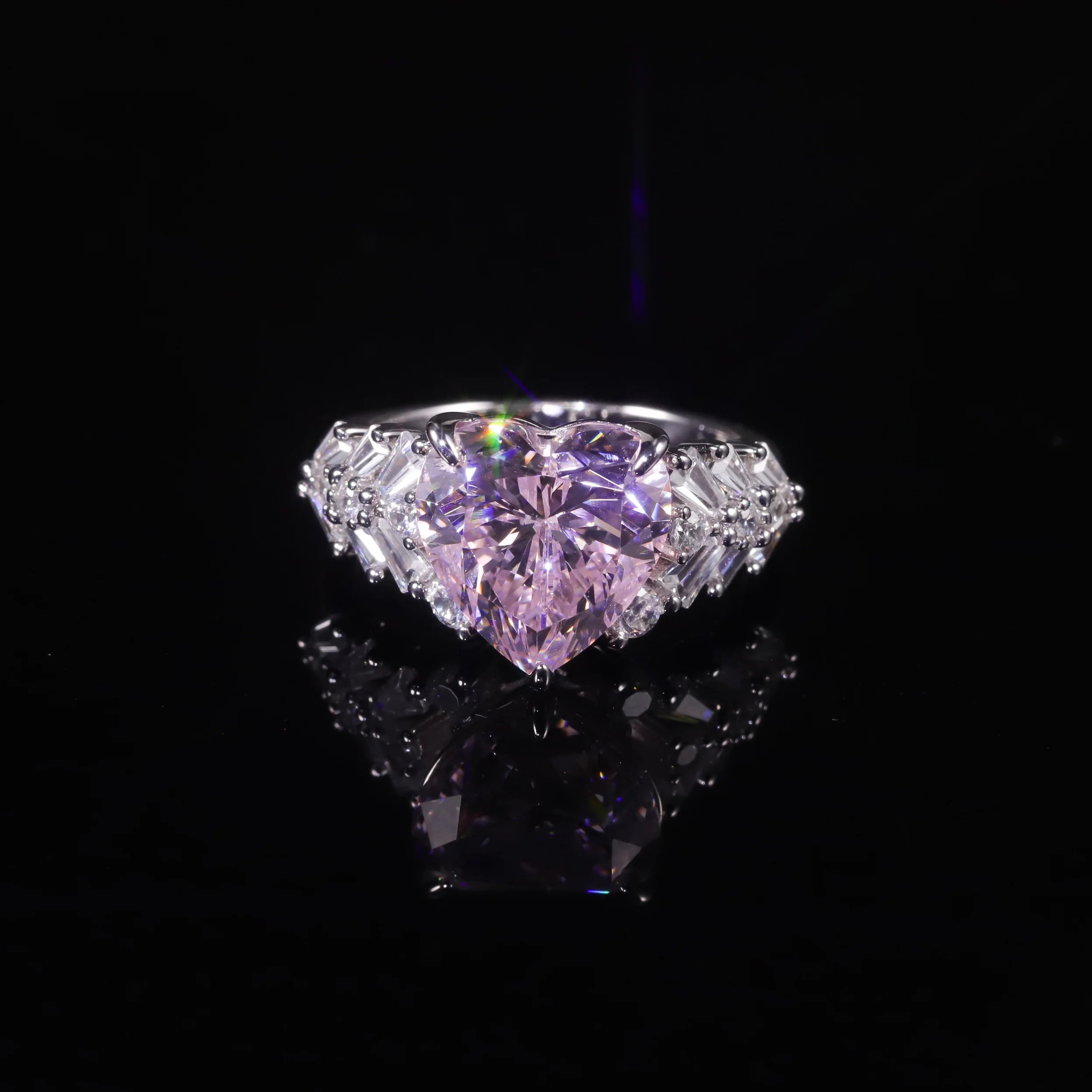 AR319 Iced Out Bling Hip Hop Rock Fashion Style 925 Sterling Silver 9x9mm Heart Shaped Crushed Ice CZ Pink Diamond Ring