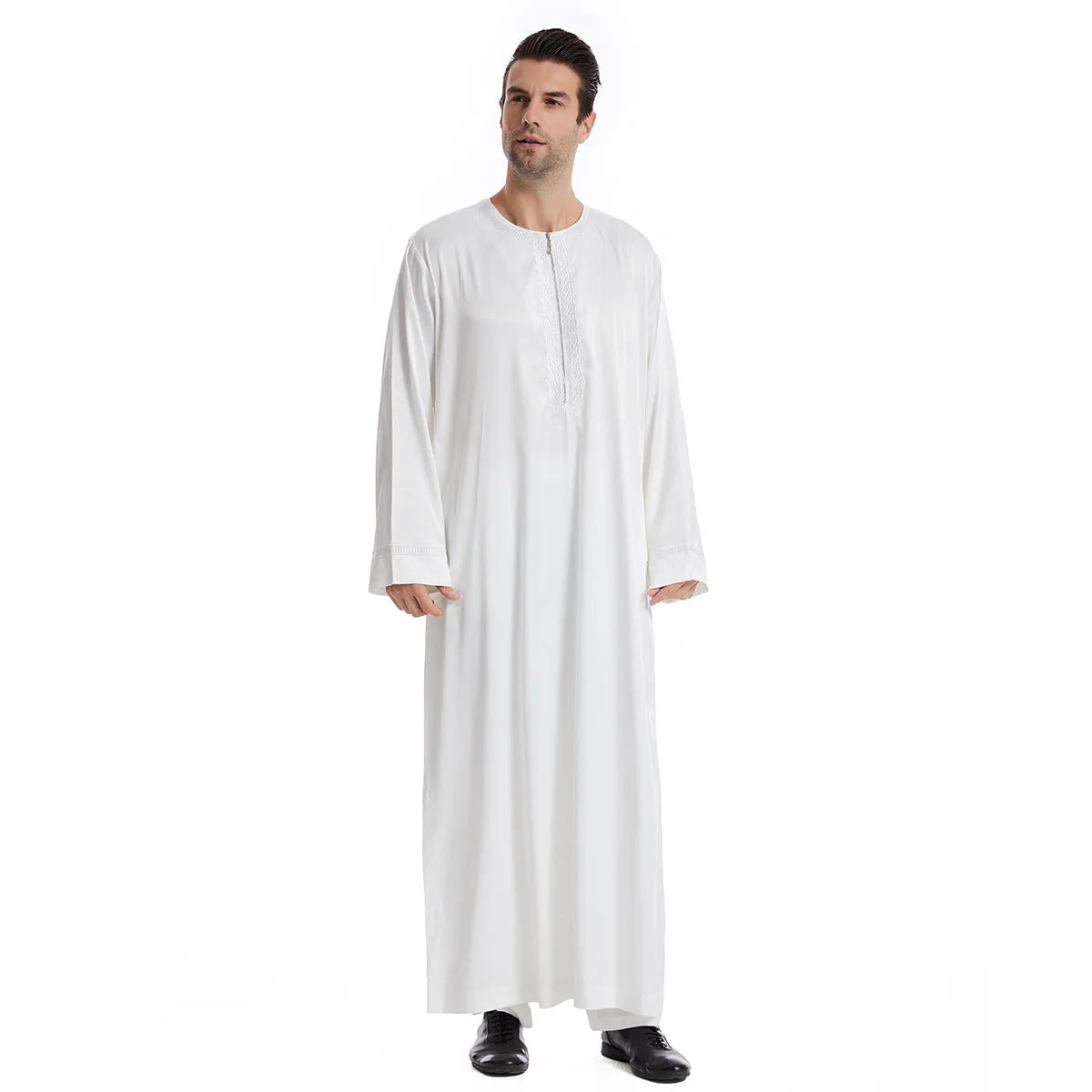 Arabic Long Sleeve Kaftan Robe for Men Breathable Printing Thobe with Crew Collar and Zipper Muslim Thobe